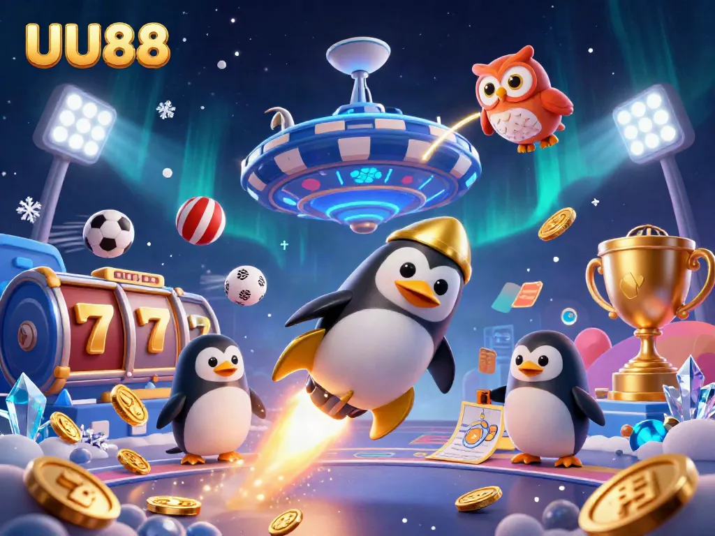 Experience thrilling wins at UU88 with a dynamic scene of a golden penguin and casino elements.