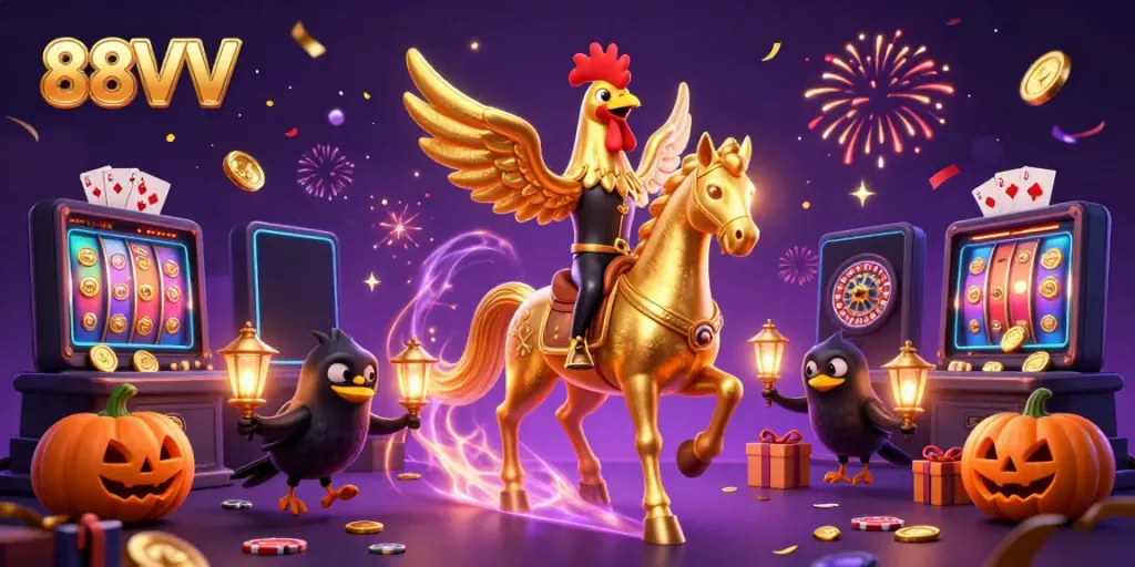 Experience thrilling wins at 88VV in a lively casino scene filled with golden rooster and magical elements.
