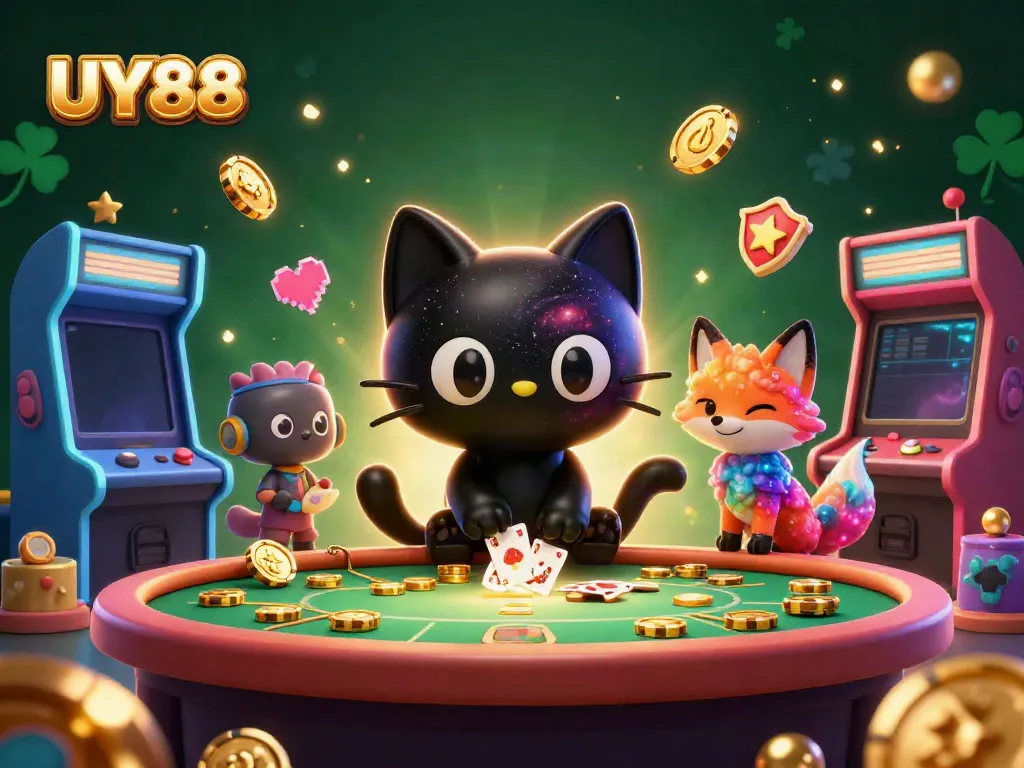 Experience UY88's exciting cosmic casino with a black hole cat gathering golden chips and cards.
