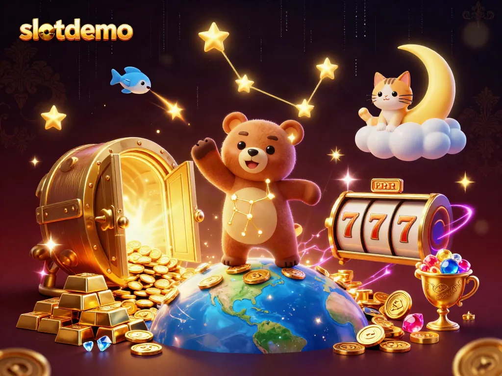 Experience thrilling gameplay with slotdemo featuring a constellation bear collecting coins amidst a vivid casino theme.