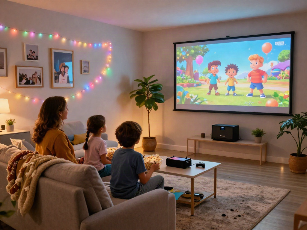 Family enjoying an Iron TV movie night on a cozy sofa with popcorn and a projector screen.