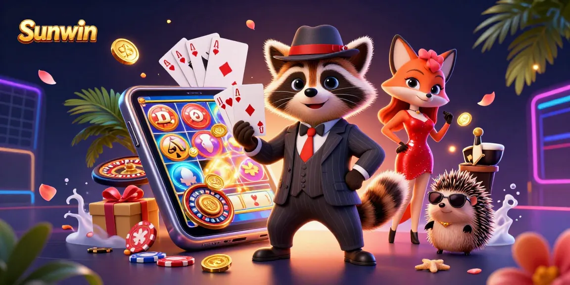 Sunwin gaming action illustrated with raccoon holding royal flush and vibrant slot game elements.