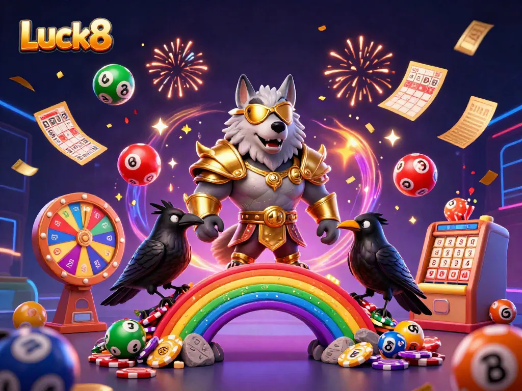 Engage with Luck8 as the Odin-inspired wolf and ravens celebrate a vibrant casino scene.