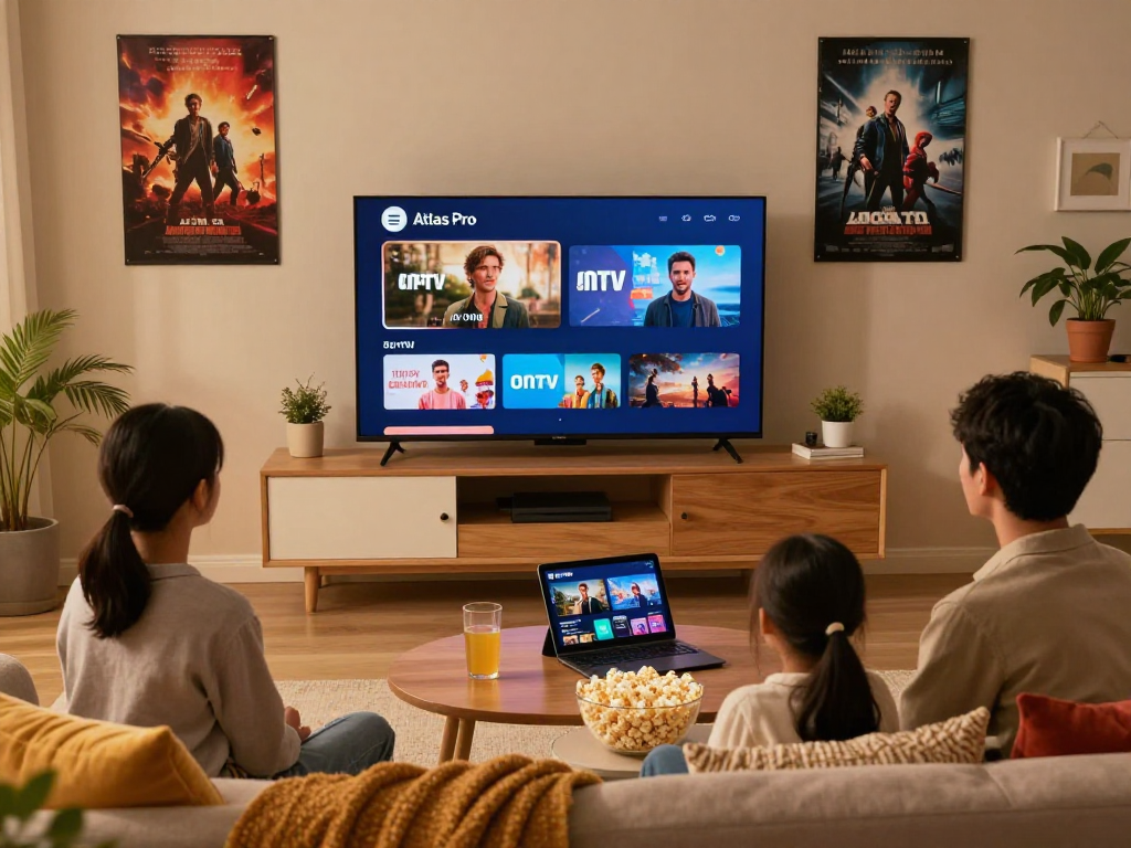Vision de famille se divertissant avec Atlas pro ontv dans un salon moderne, ambiance chaleureuse et équipements variés.