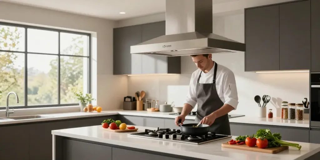 Hotte encastrable 60 cm dans une cuisine moderne avec un chef préparant un plat.