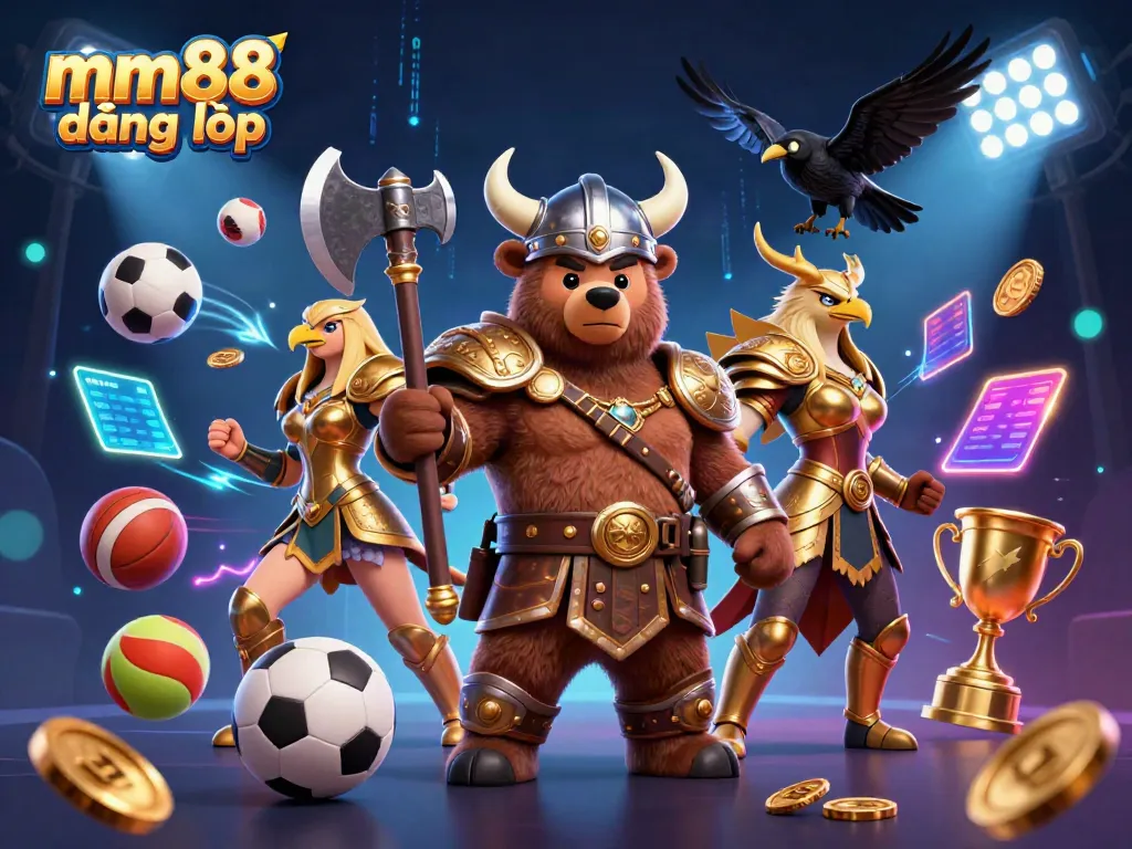 Experience thrilling mm88 đăng nhập action with a Viking bear and Valkyrie eagle amidst dynamic sports elements.