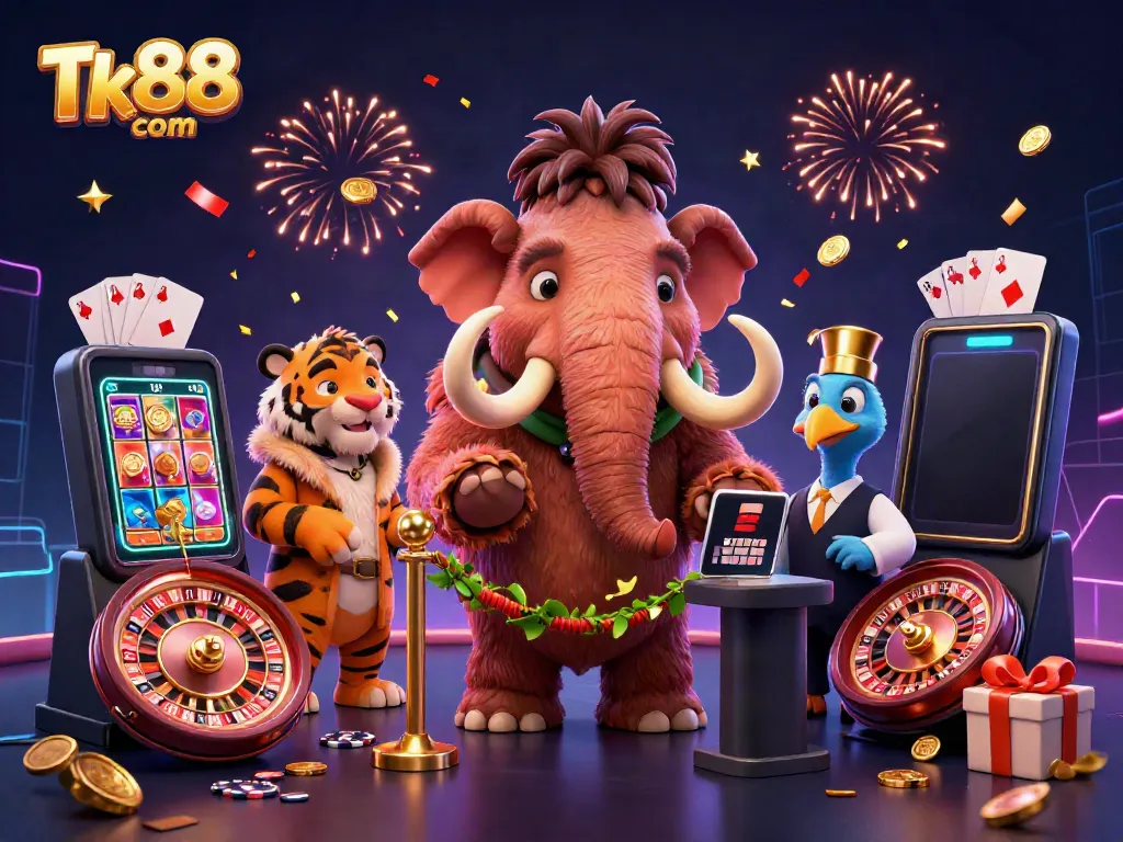 Experience thrilling gameplay at Tk88 com with vibrant casino characters, slots, and festive elements!
