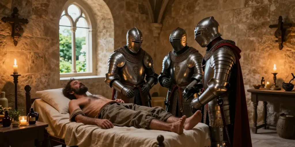 Histoire ordre militaire et hospitalier de Saint-Lazare de Jérusalem avec des chevaliers soignant des lépreux dans un hôpital médiéval.