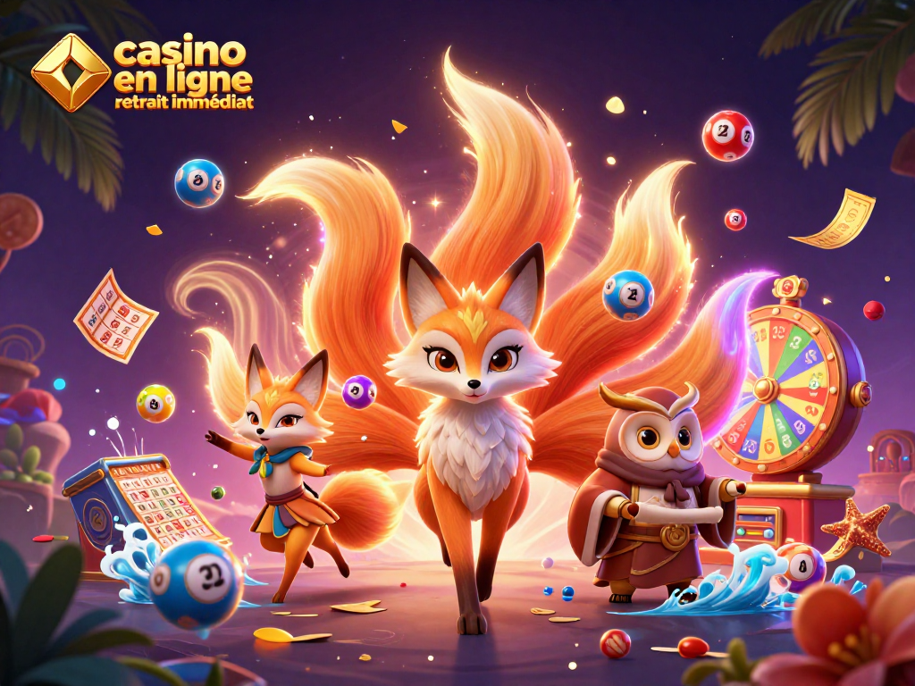Vivez l'expérience de casino en ligne retrait immédiat avec une scène dynamique de jeux colorés.