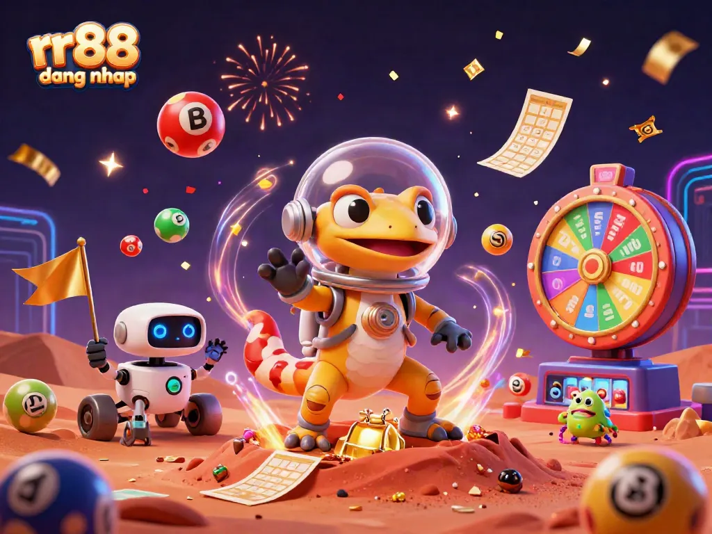 Experience excitement with rr88 dang nhap in a vibrant 3D casino scene filled with lottery elements and colorful games.