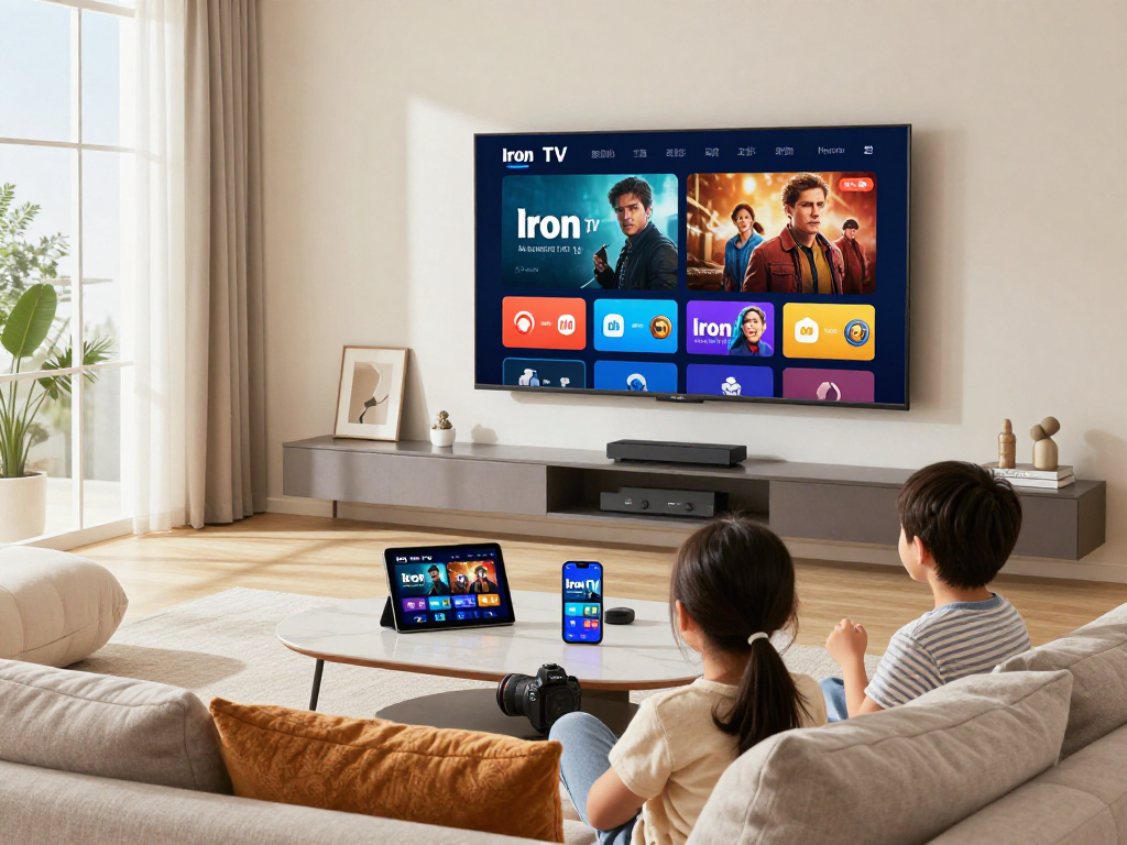 Famille profitant d'un moment de divertissement avec Iron TV dans un salon moderne.