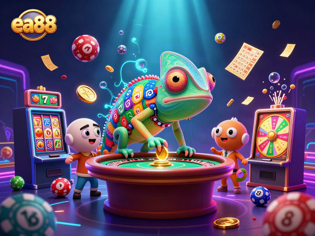 ea88 showcases vibrant slot action with a colorful chameleon capturing golden coins in a dynamic casino scene.