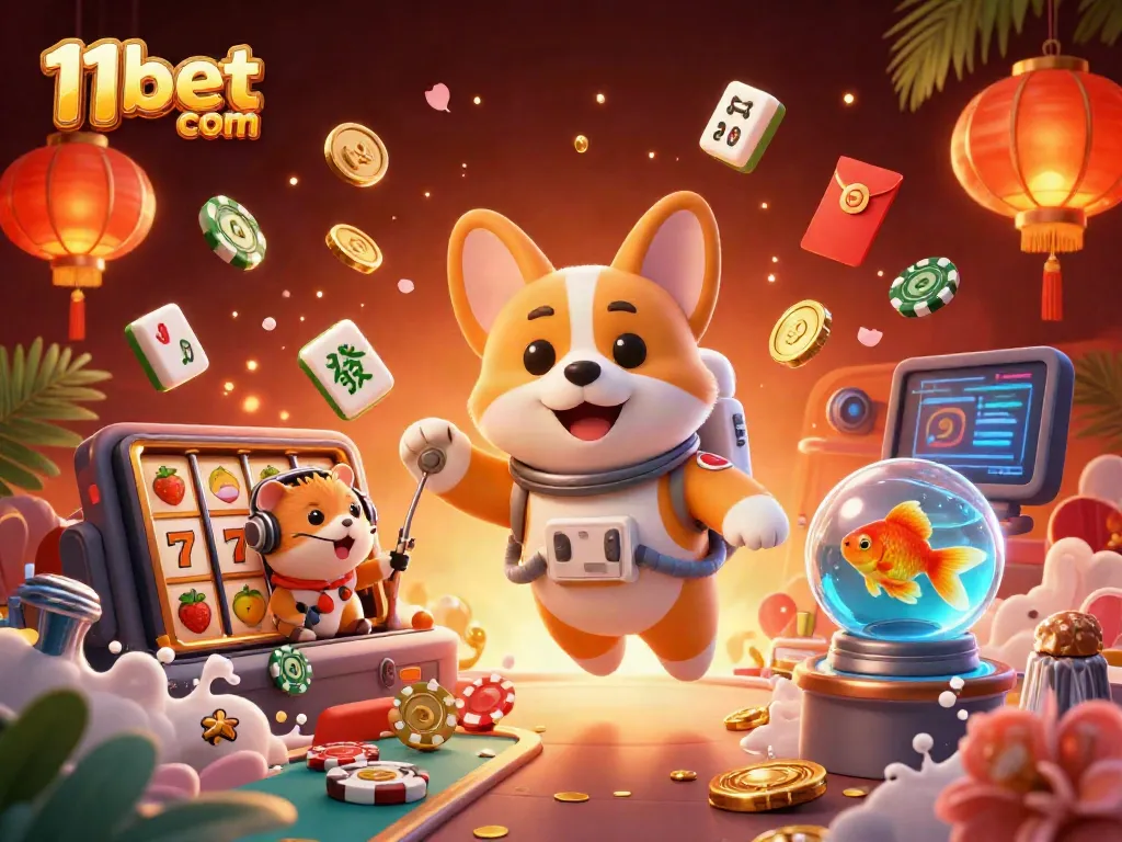 Delve into the vibrant casino space with 11bet com, showcasing a floating corgi and a hamster guiding a thrilling gaming experience.