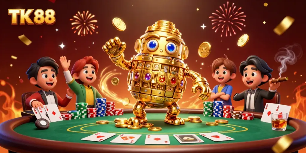 Engage in dynamic TK 88 gameplay with golden golem surrounded by vibrant casino elements and colorful poker chips.