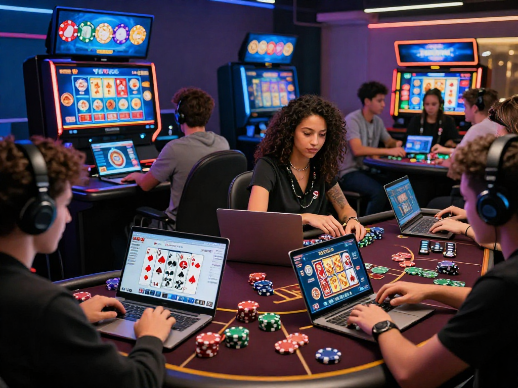 Expérience dynamique de casino en ligne avec des joueurs s'amusant sur ordinateurs et mobiles, illustrant la diversité et l'interaction.