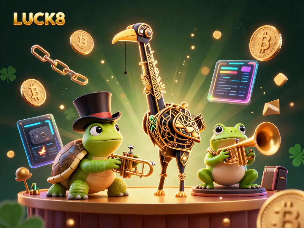 Win big with LUCK8 at this vibrant casino scene featuring lively characters and glowing game elements.