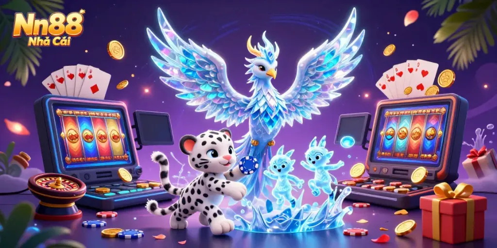 Immerse in the lively world of Nn88 Nhà Cái with an ice phoenix and snow leopard cub amid dynamic gaming elements.