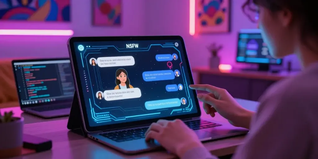 Engaging in intimate NSFW AI conversations using a sleek chatbot interface in a tech-savvy setting.