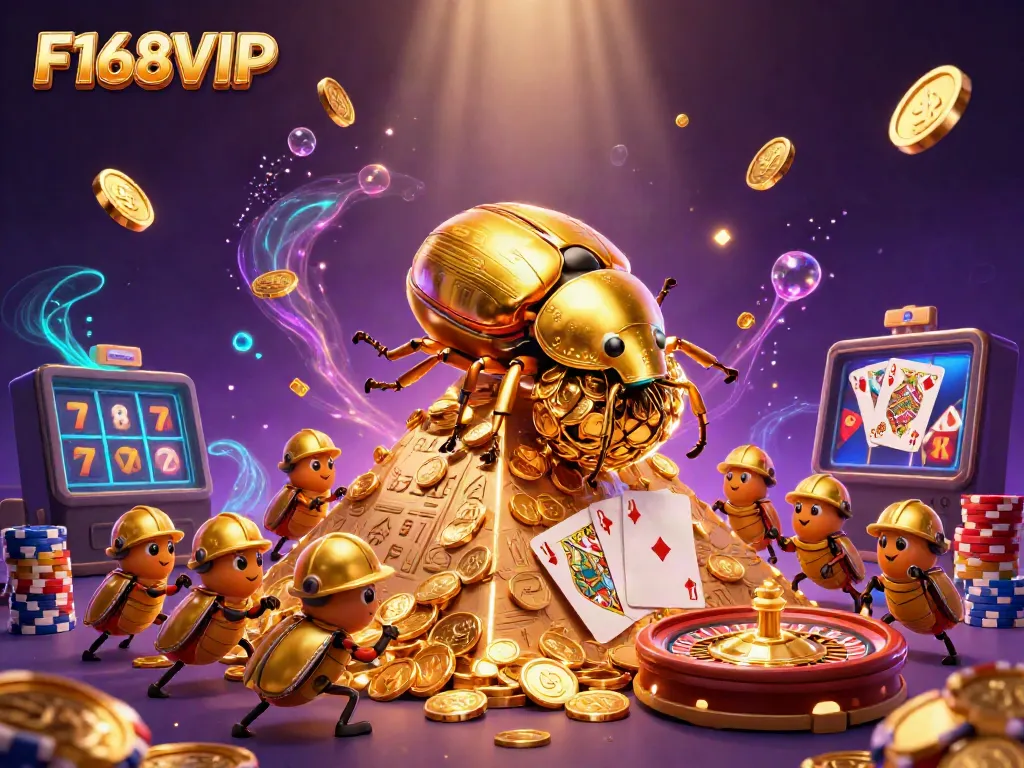 Engage with F168VIP and enjoy an energetic casino scene featuring golden gaming elements and treasures.