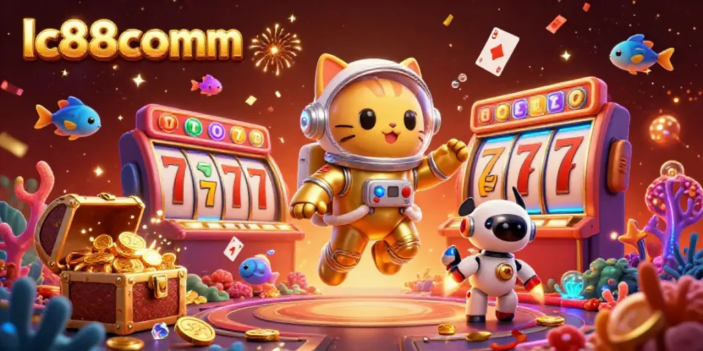 Engage with lc88comm's vibrant online casino scene featuring a space astronaut cat and exciting slot games.