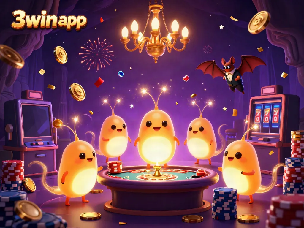 Experience the excitement of the 3win app with a vibrant casino scene featuring glowworms and a bat dealer.
